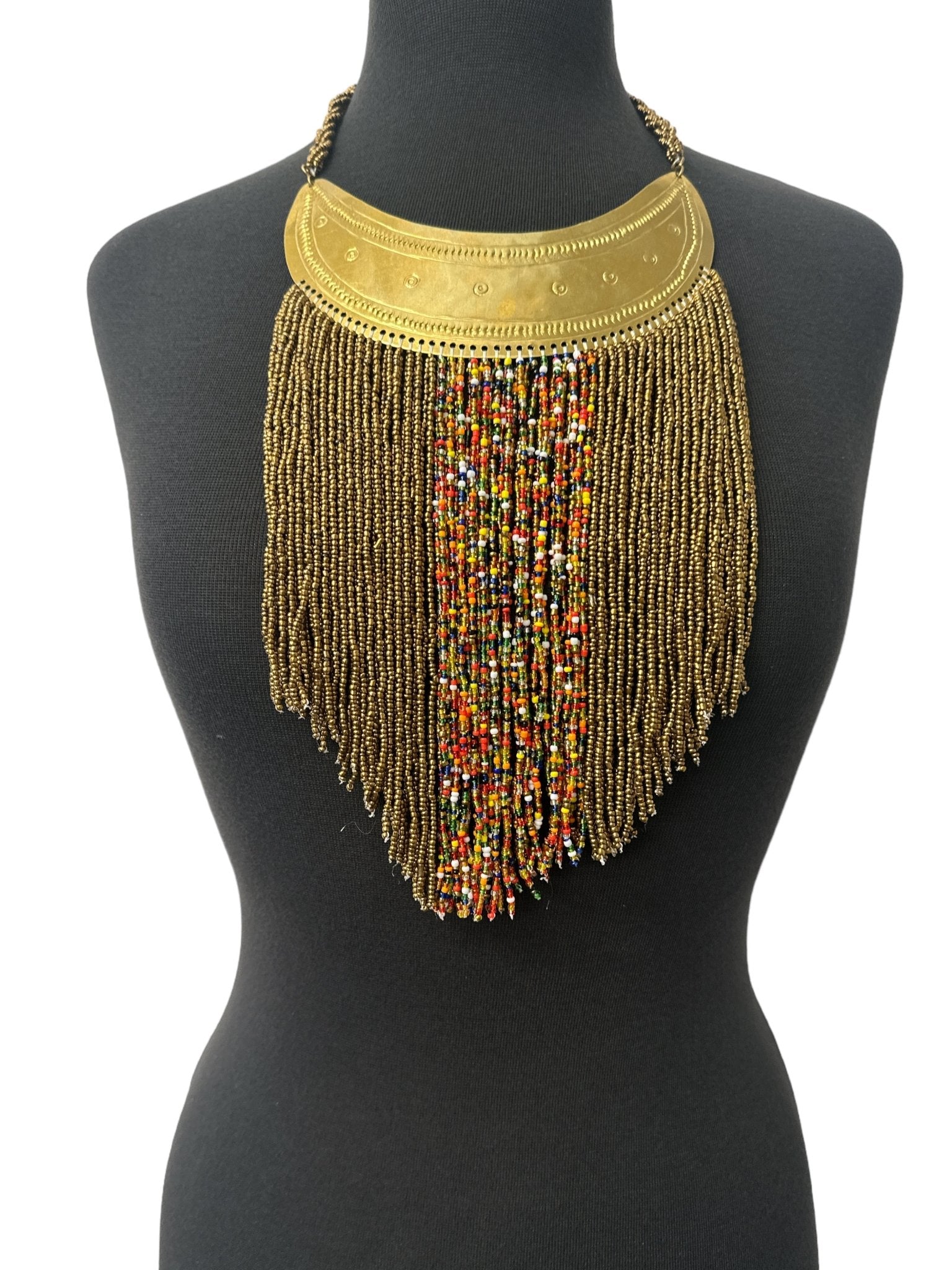 Authentic African Gold Beaded Ethnic Tassels Fringe Brass Pendant Necklace - Fatisha Boutique
