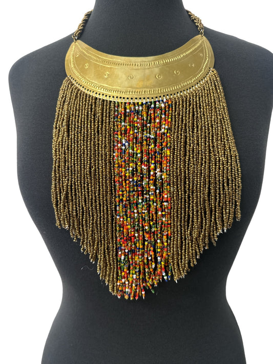 Authentic African Gold Beaded Ethnic Tassels Fringe Brass Pendant Necklace - Fatisha Boutique