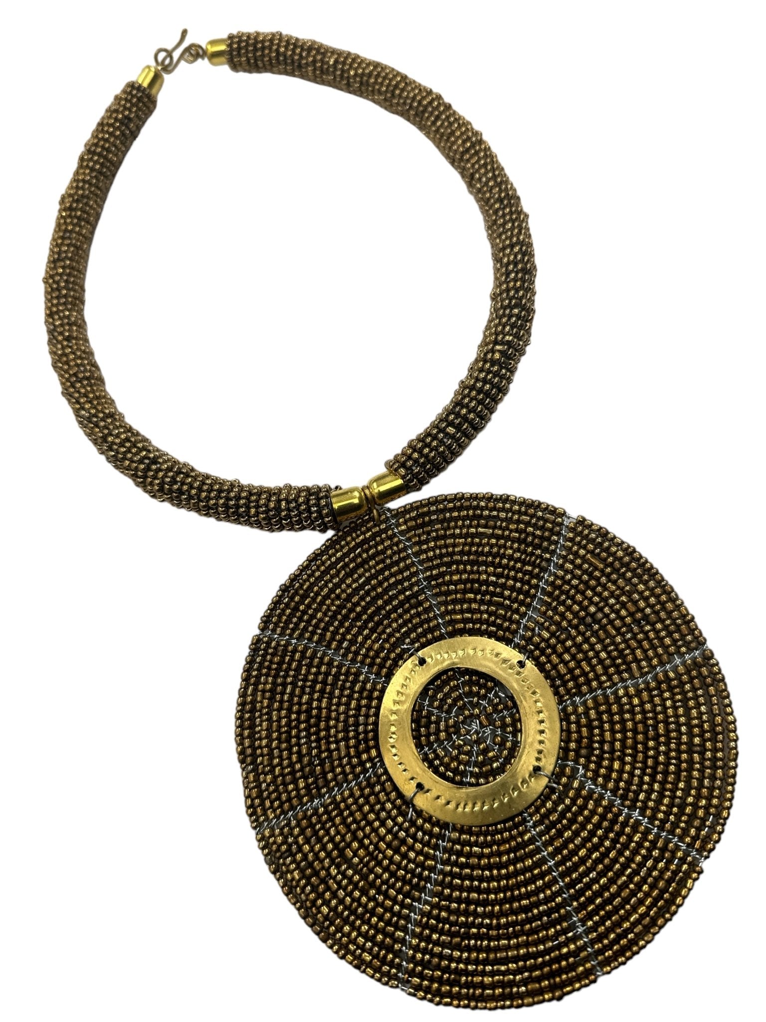 Authentic African Gold Beaded Large Disc Pendant Necklace - Fatisha Boutique