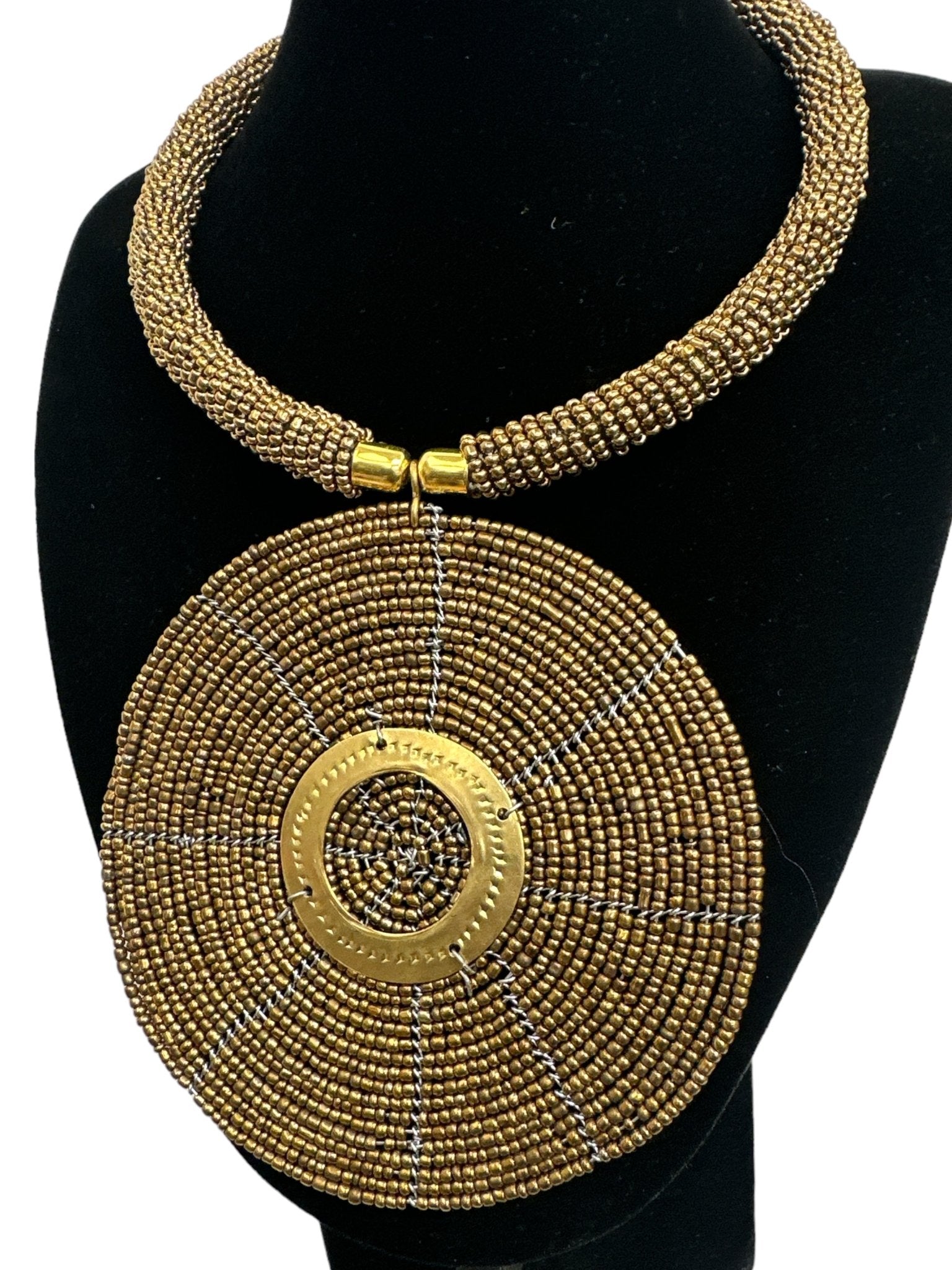 Authentic African Gold Beaded Large Disc Pendant Necklace - Fatisha Boutique