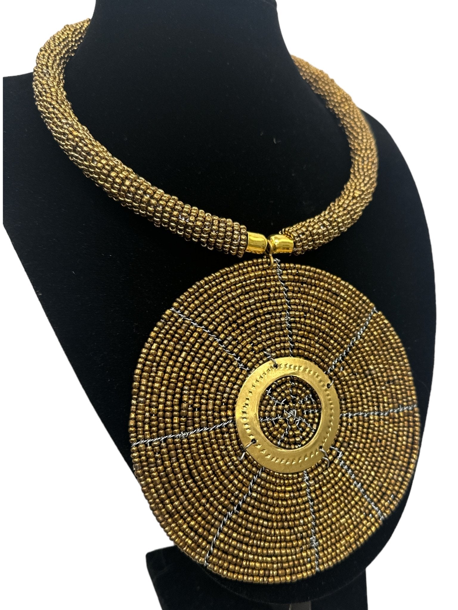Authentic African Gold Beaded Large Disc Pendant Necklace - Fatisha Boutique