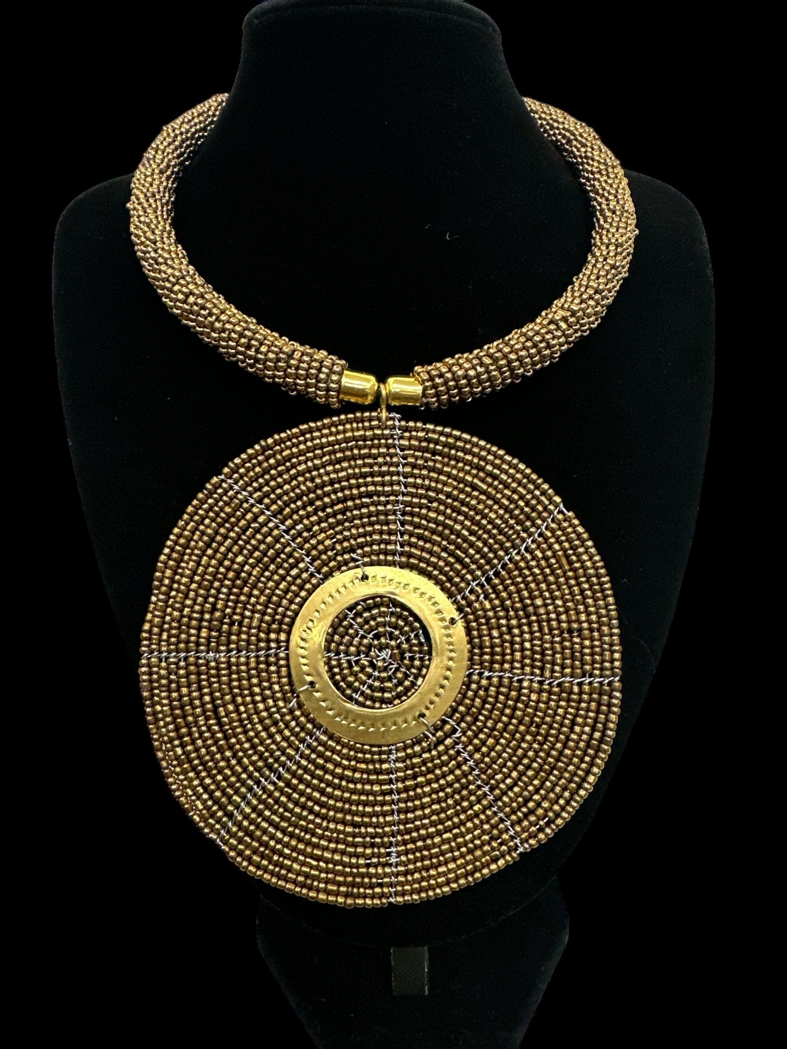 Authentic African Gold Beaded Large Disc Pendant Necklace - Fatisha Boutique