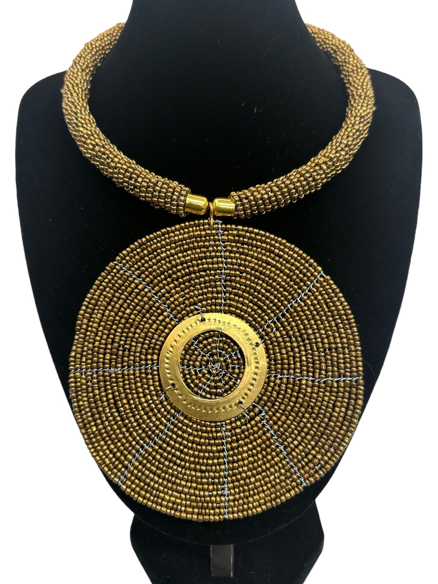 Authentic African Gold Beaded Large Disc Pendant Necklace - Fatisha Boutique