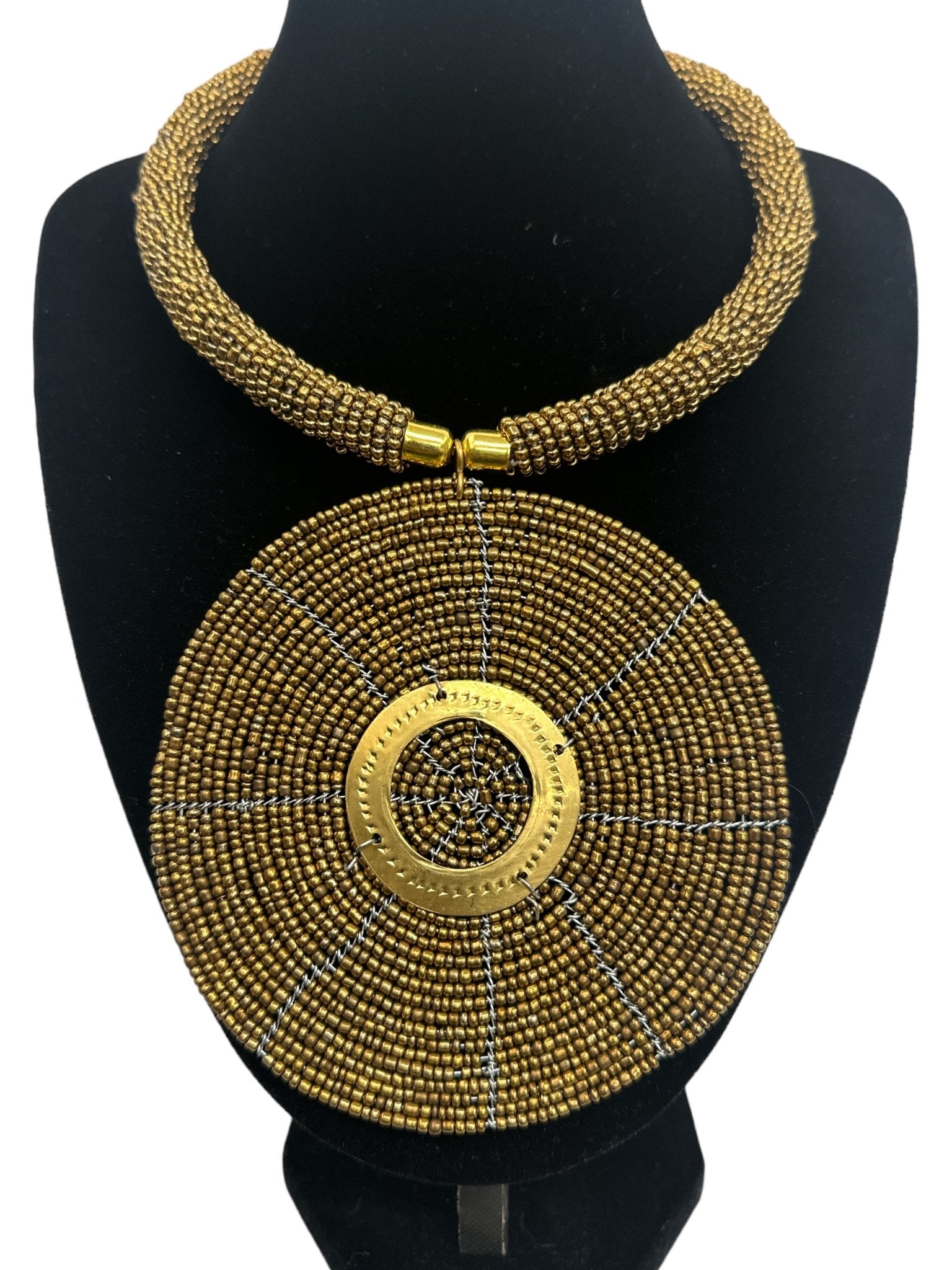 Authentic African Gold Beaded Large Disc Pendant Necklace - Fatisha Boutique