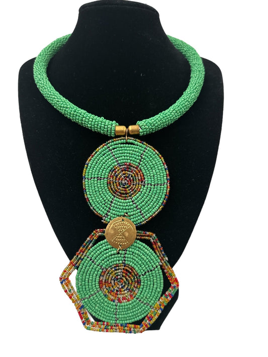 Authentic African Green Beaded Disc Pendant Necklace - Fatisha Boutique