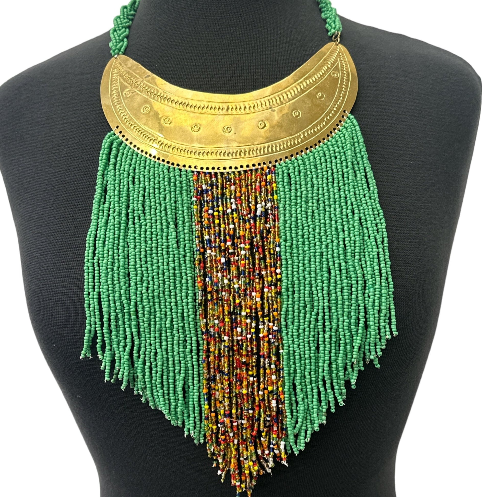 Authentic African Green Beaded Ethnic Tassels Fringe Brass Pendant Necklaces - Fatisha Boutique