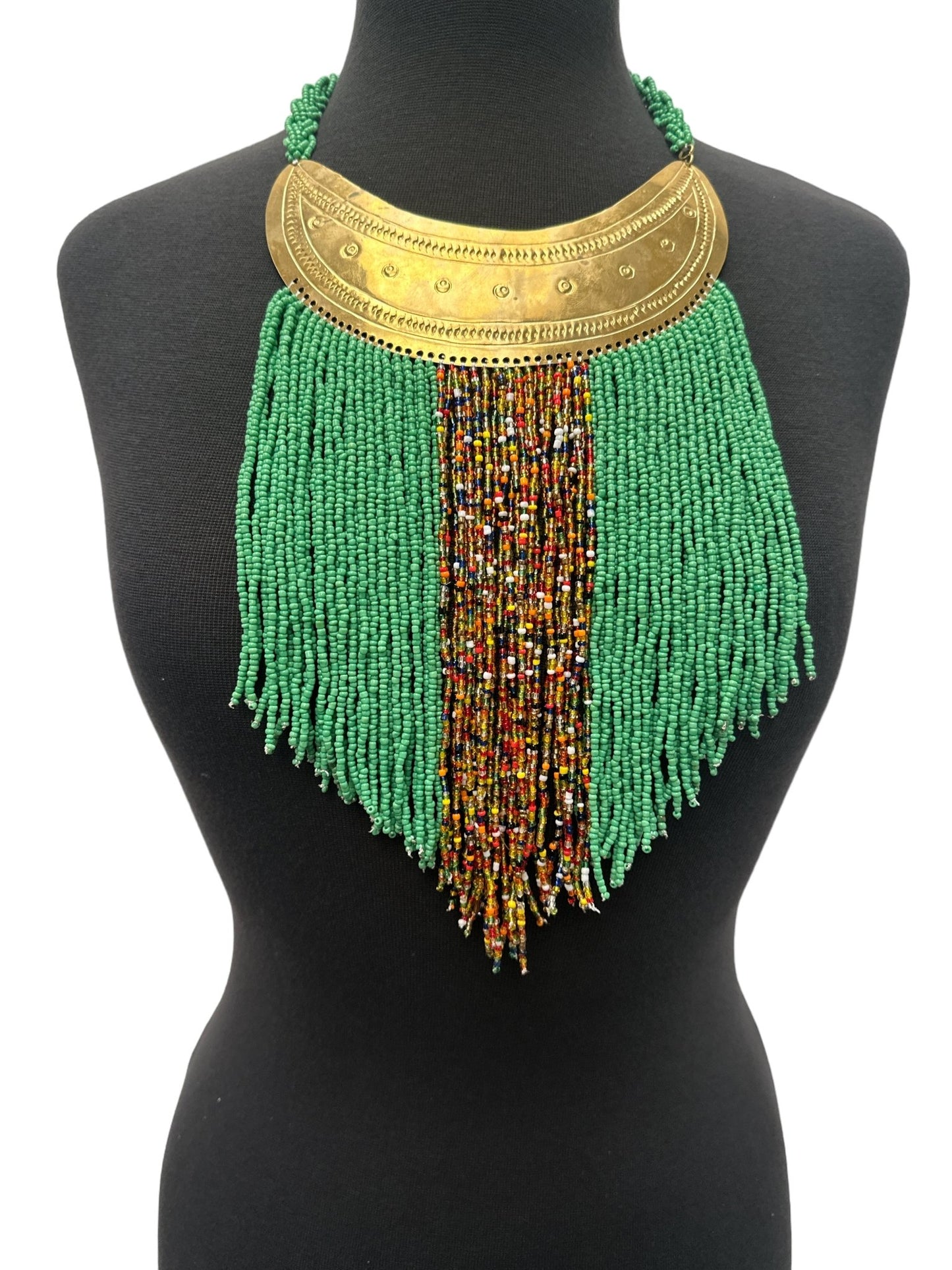 Authentic African Green Beaded Ethnic Tassels Fringe Brass Pendant Necklaces - Fatisha Boutique