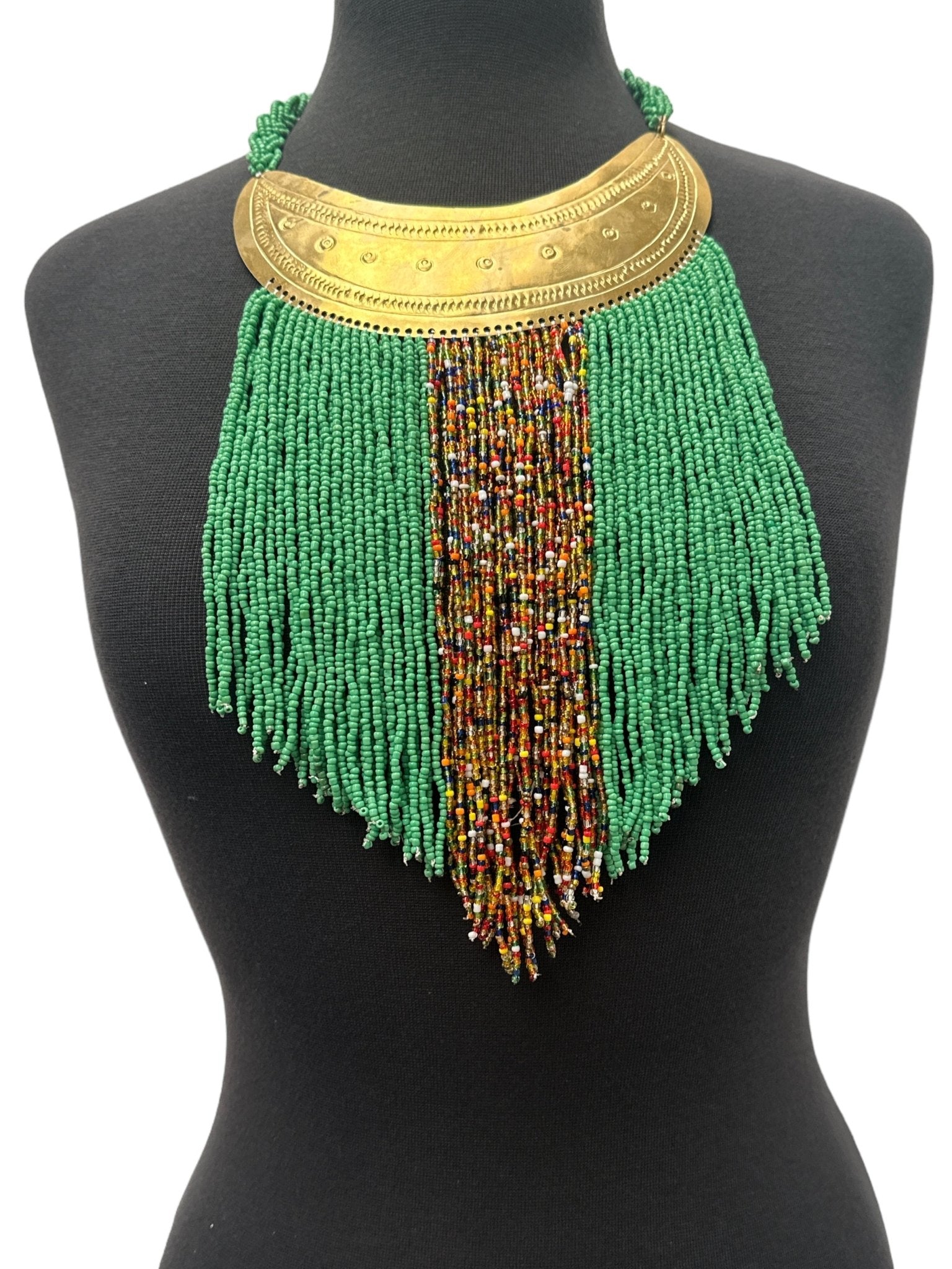 Authentic African Green Beaded Ethnic Tassels Fringe Brass Pendant Necklaces - Fatisha Boutique