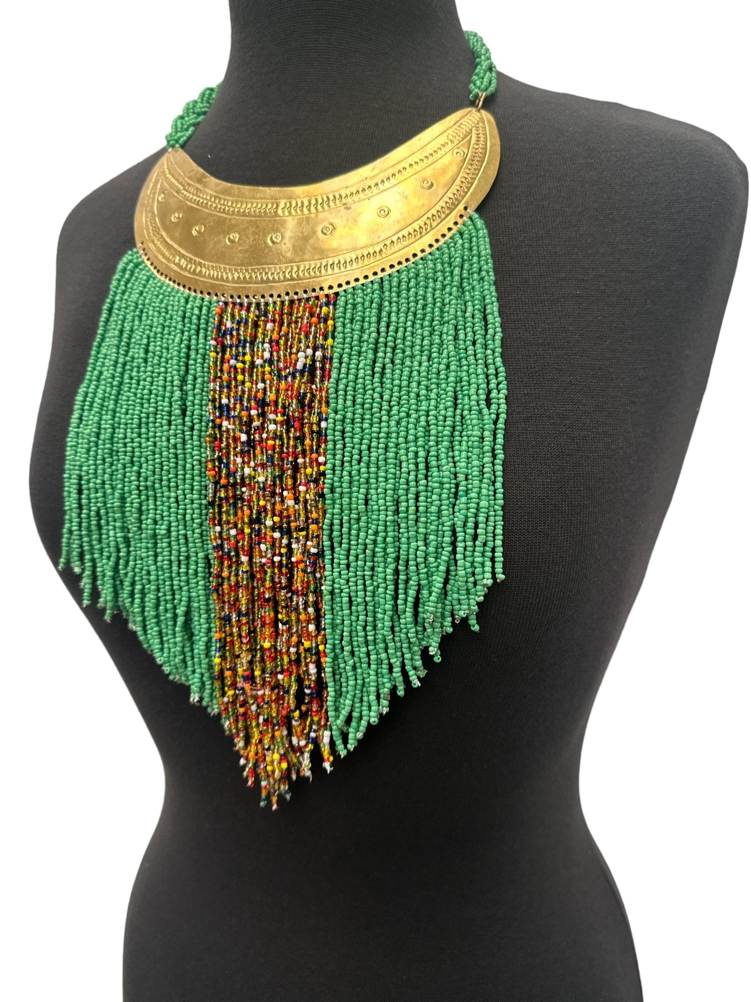Authentic African Green Beaded Ethnic Tassels Fringe Brass Pendant Necklaces - Fatisha Boutique