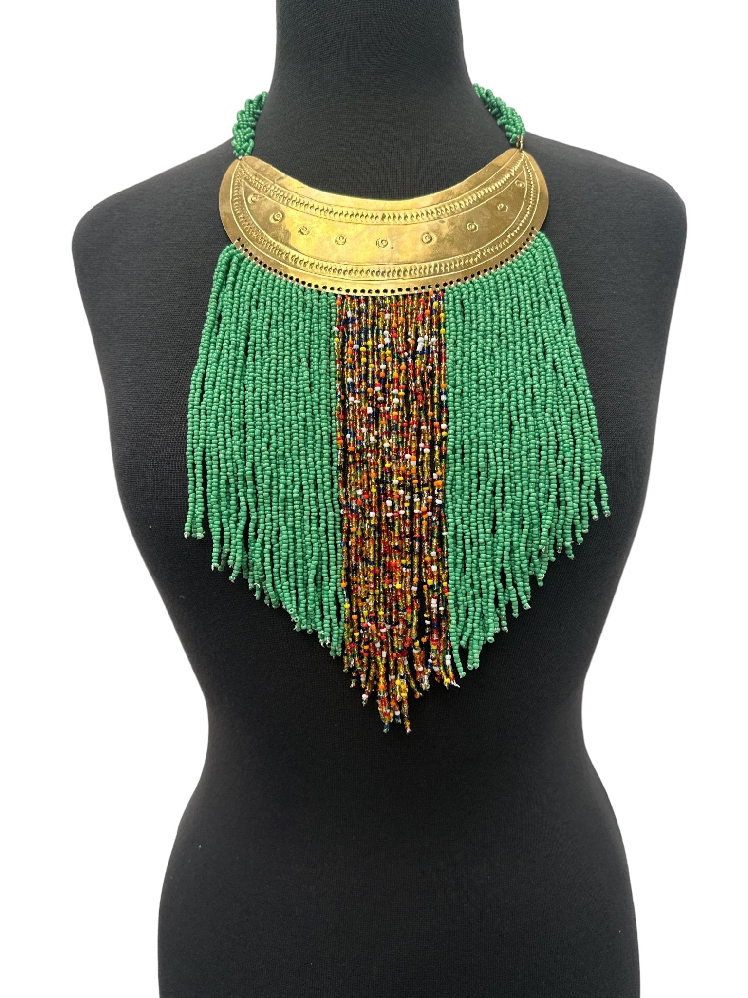 Authentic African Green Beaded Ethnic Tassels Fringe Brass Pendant Necklaces - Fatisha Boutique