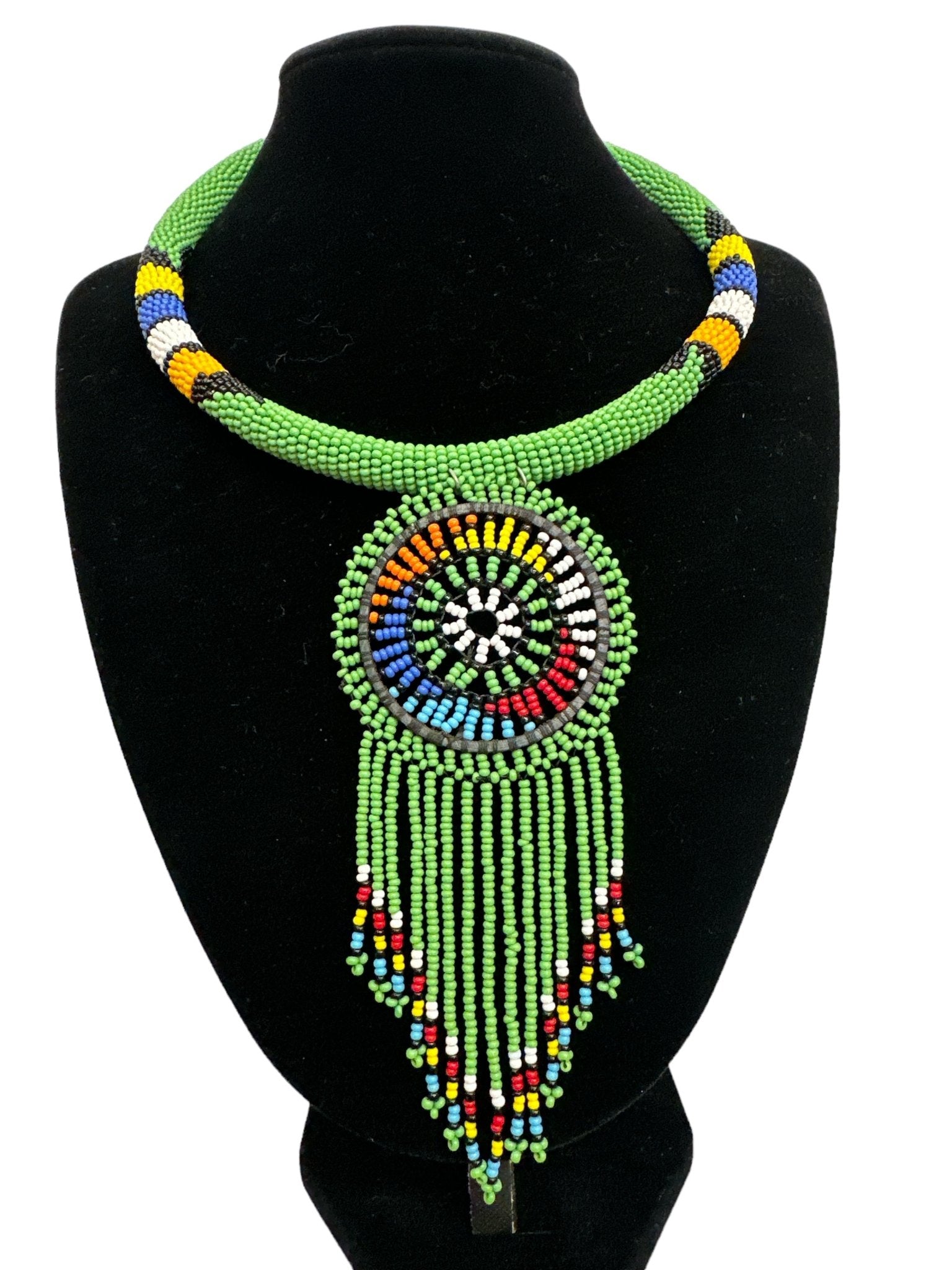 Authentic African Green Beaded Tassel Ethnic Pendant Necklace - Fatisha Boutique