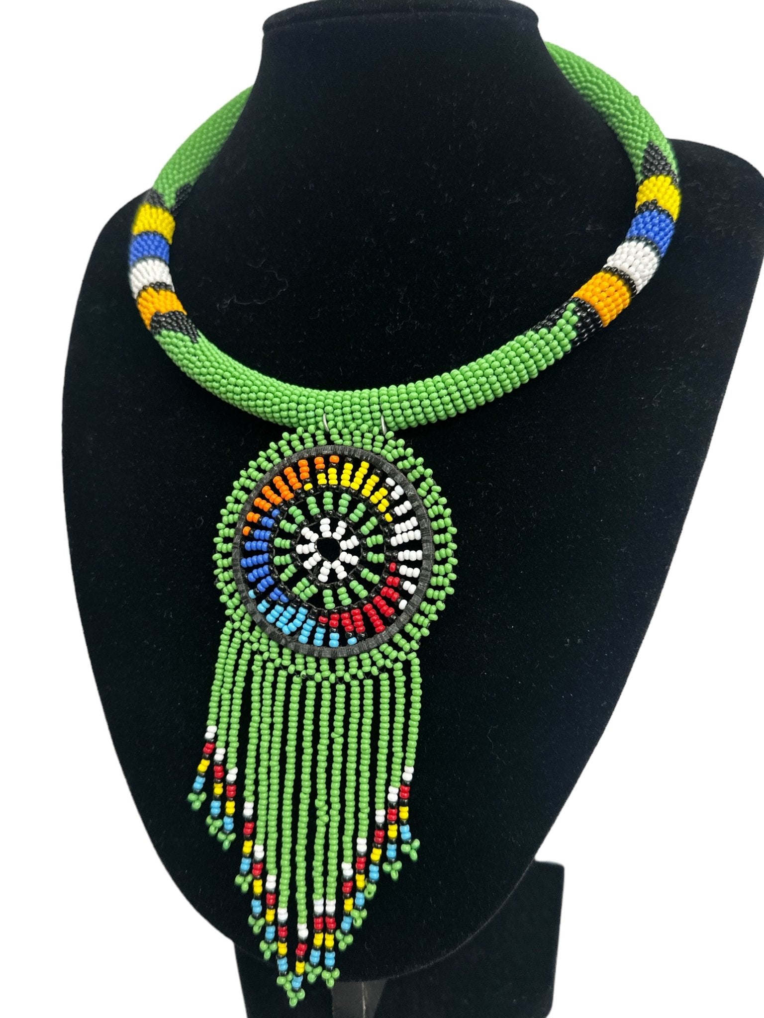 Authentic African Green Beaded Tassel Ethnic Pendant Necklace - Fatisha Boutique