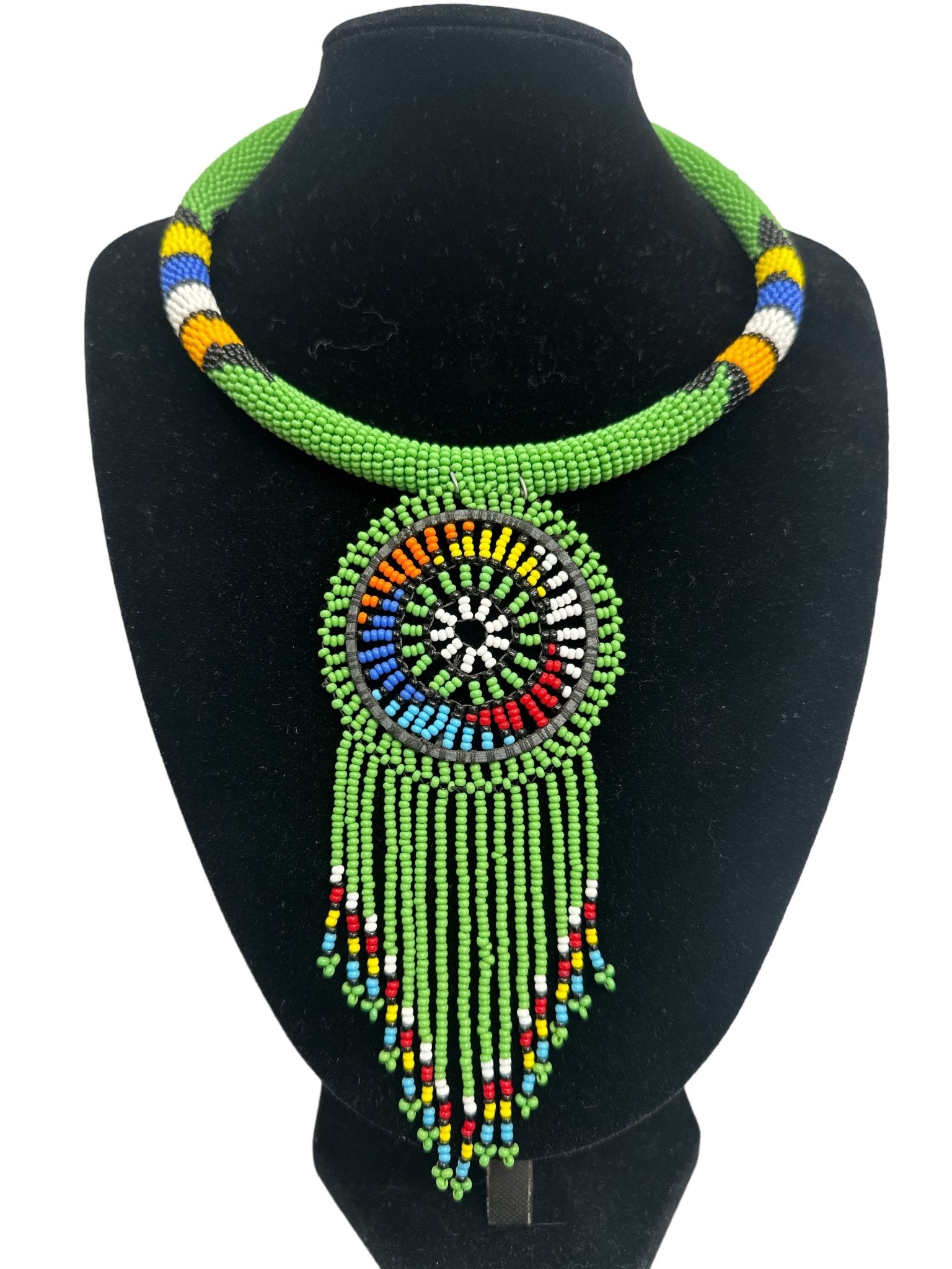 Authentic African Green Beaded Tassel Ethnic Pendant Necklace - Fatisha Boutique