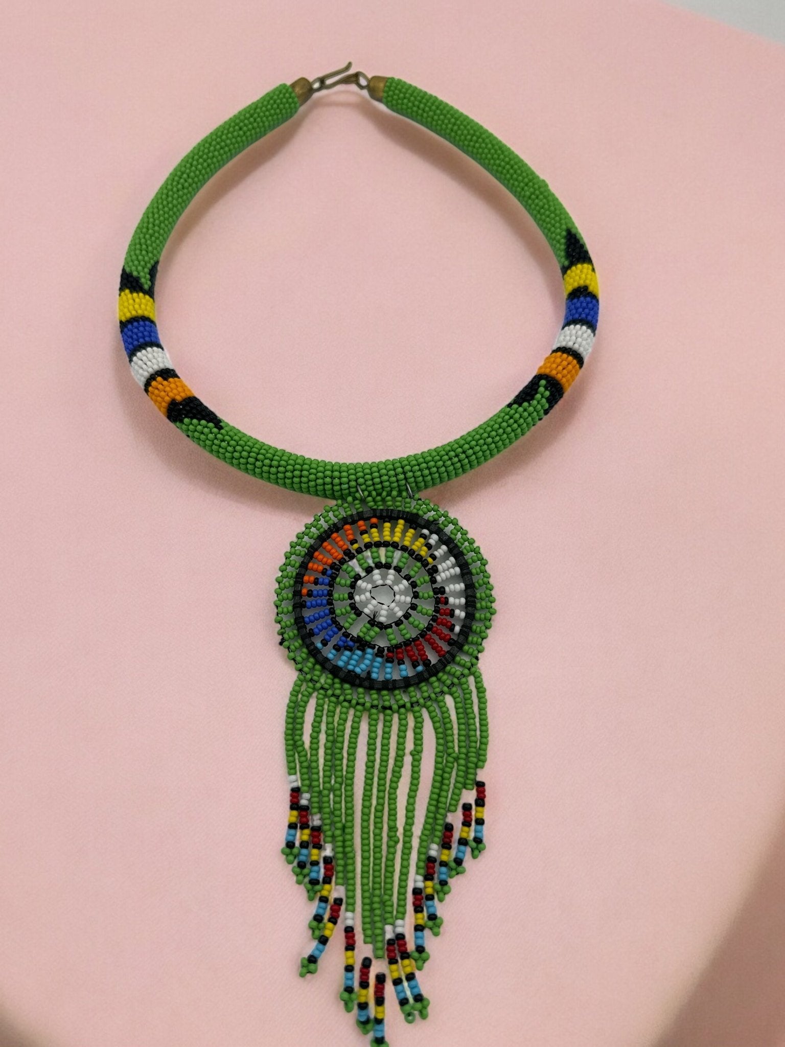 Authentic African Green Beaded Tassel Ethnic Pendant Necklace - Fatisha Boutique
