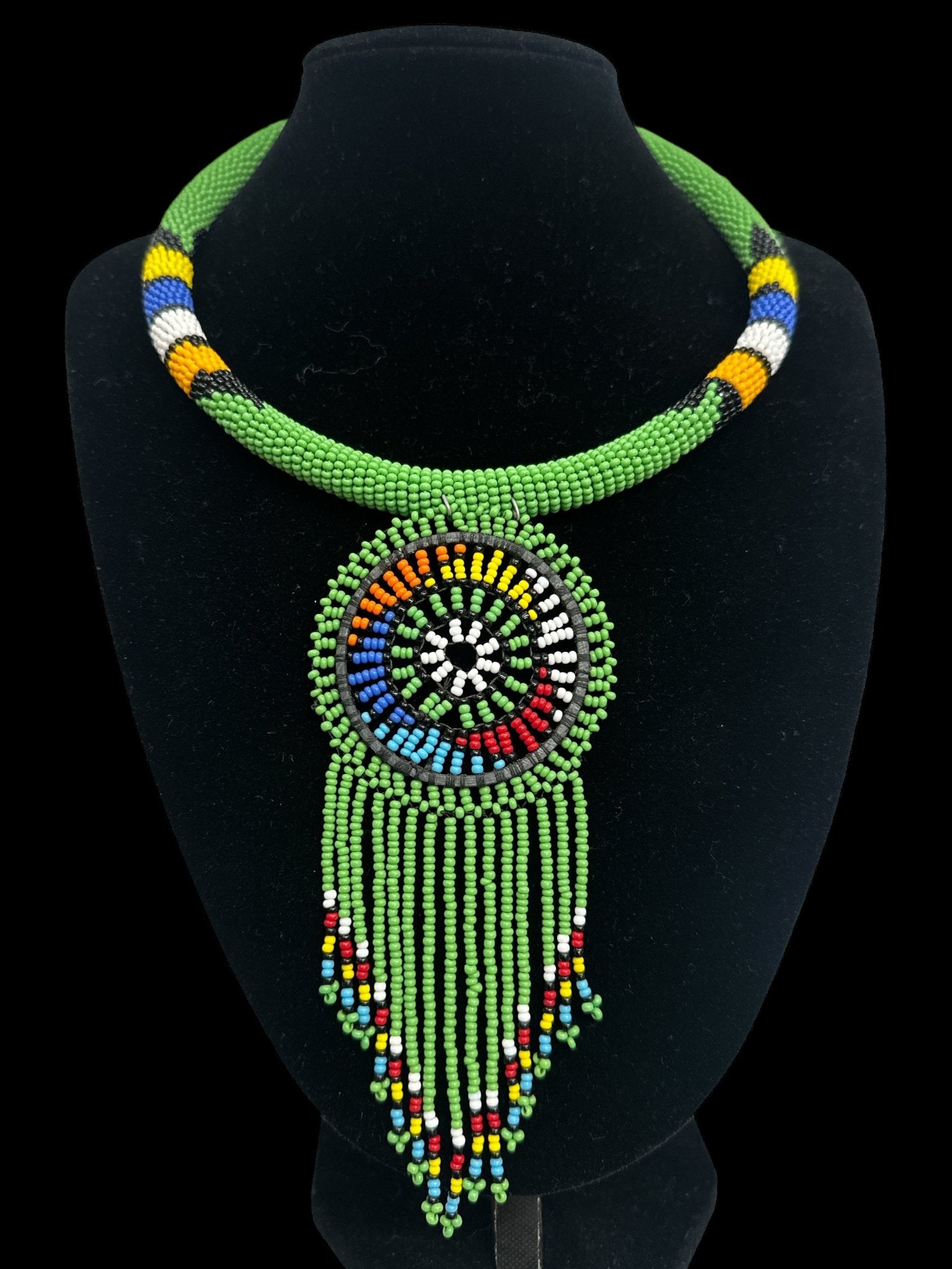 Authentic African Green Beaded Tassel Ethnic Pendant Necklace - Fatisha Boutique