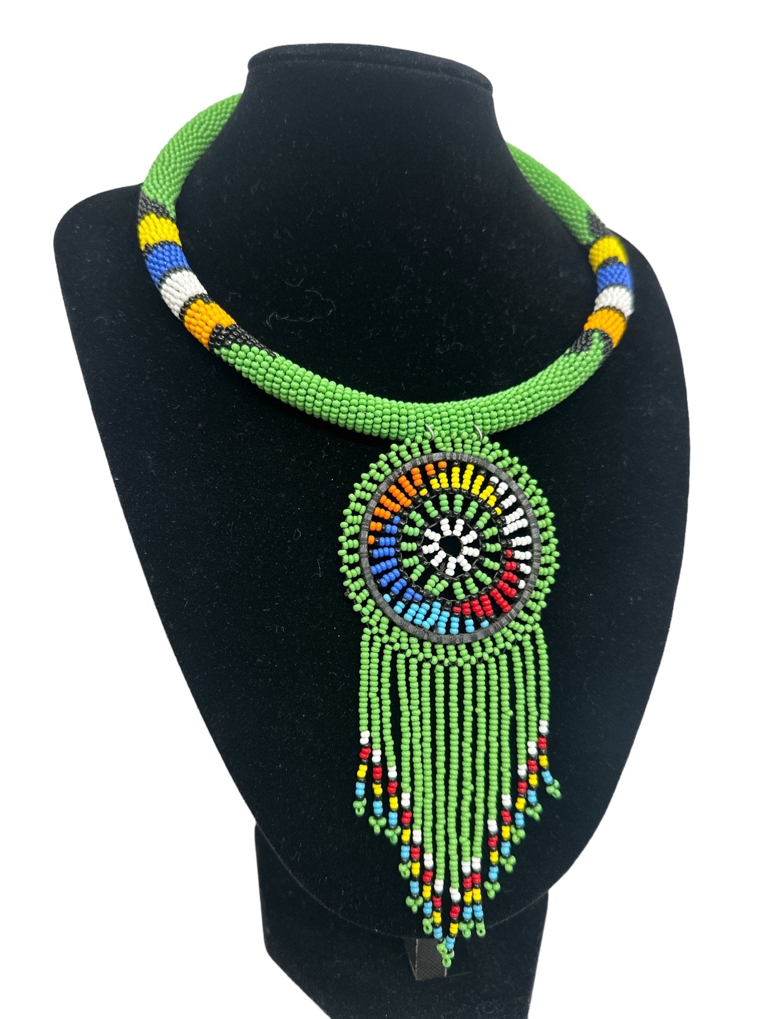 Authentic African Green Beaded Tassel Ethnic Pendant Necklace - Fatisha Boutique