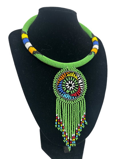 Authentic African Green Beaded Tassel Ethnic Pendant Necklace - Fatisha Boutique