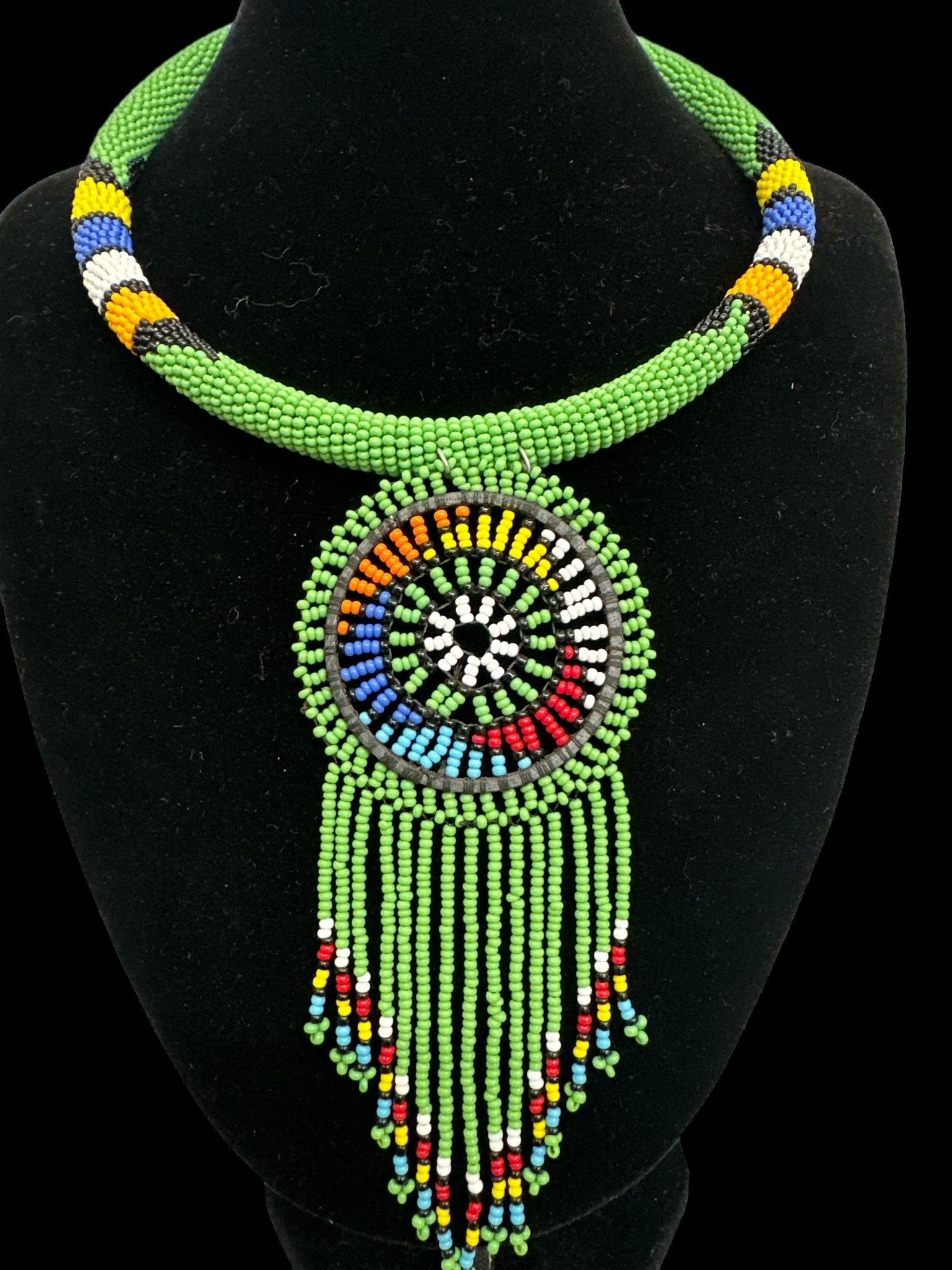 Authentic African Green Beaded Tassel Ethnic Pendant Necklace - Fatisha Boutique