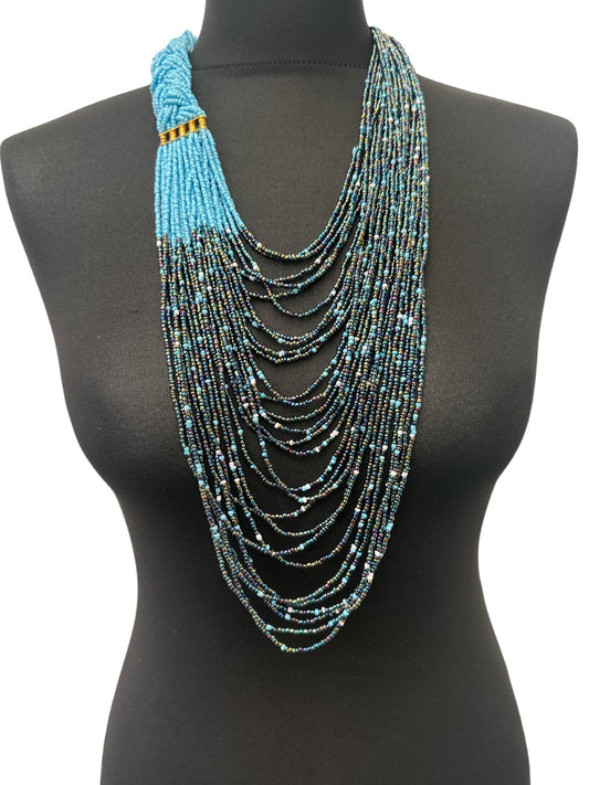 Authentic African Long Blue Braided Beaded Necklace - Fatisha Boutique