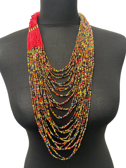 Authentic African Long Red Multi Braided Beaded Necklace - Fatisha Boutique