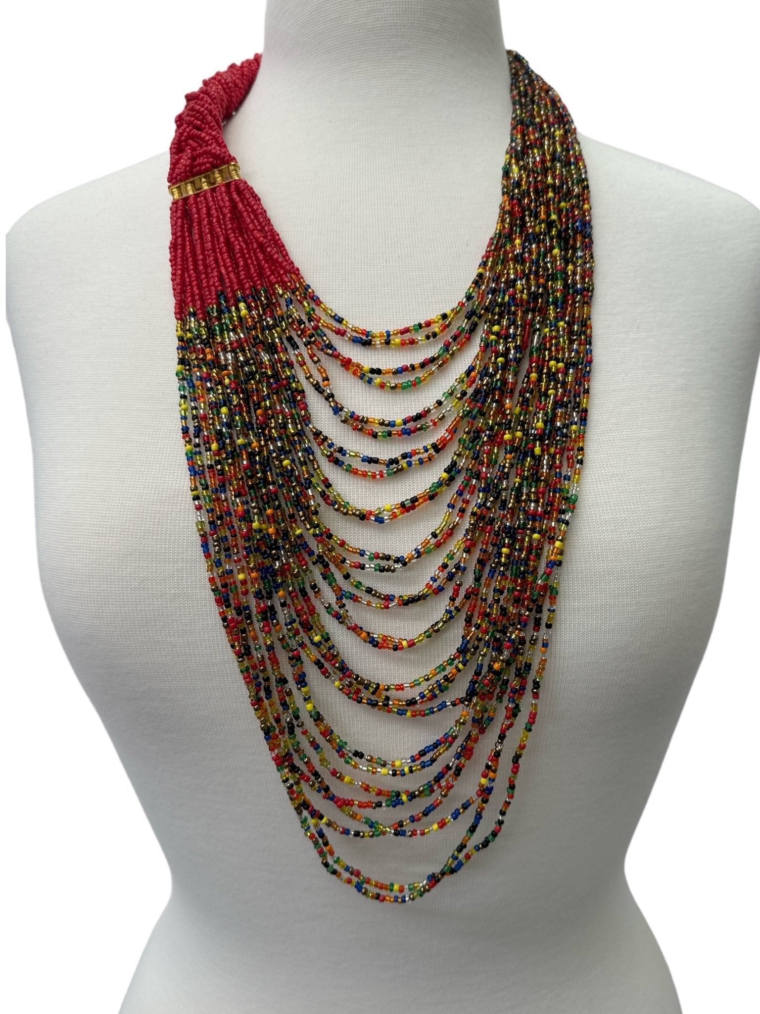Authentic African Long Red Multi Braided Beaded Necklace - Fatisha Boutique