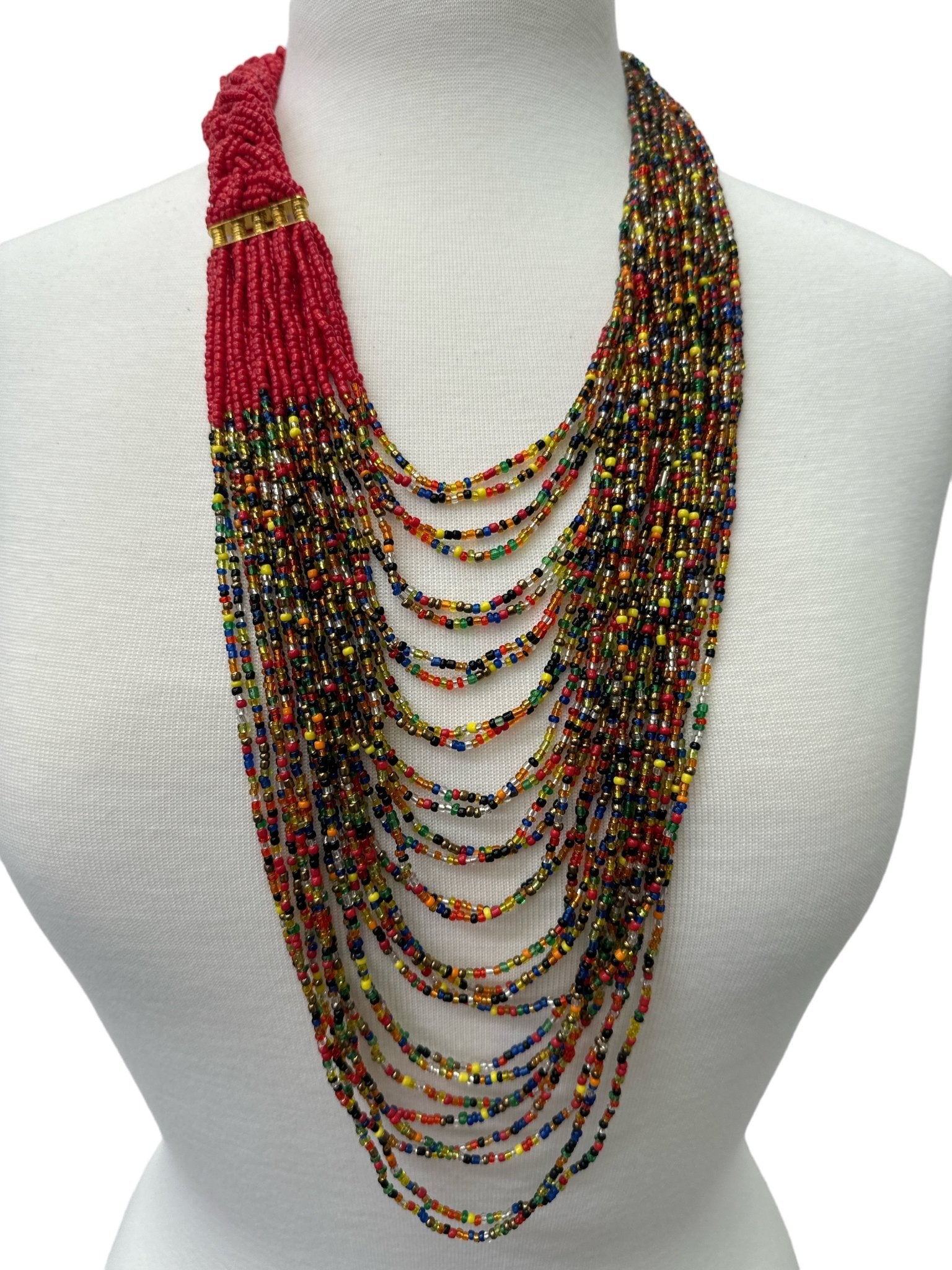 Authentic African Long Red Multi Braided Beaded Necklace - Fatisha Boutique