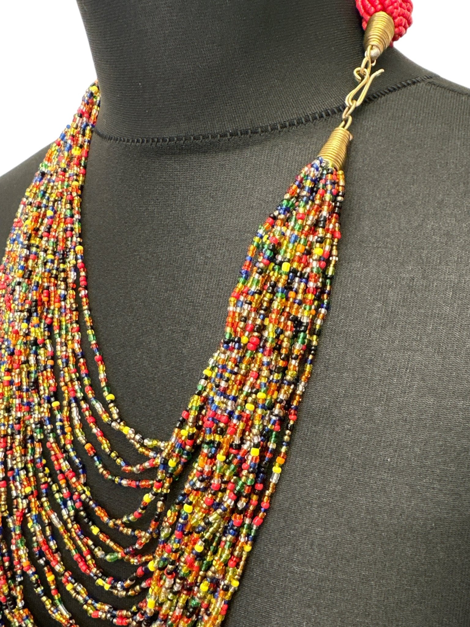 Authentic African Long Red Multi Braided Beaded Necklace - Fatisha Boutique