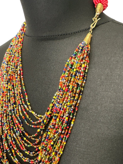 Authentic African Long Red Multi Braided Beaded Necklace - Fatisha Boutique