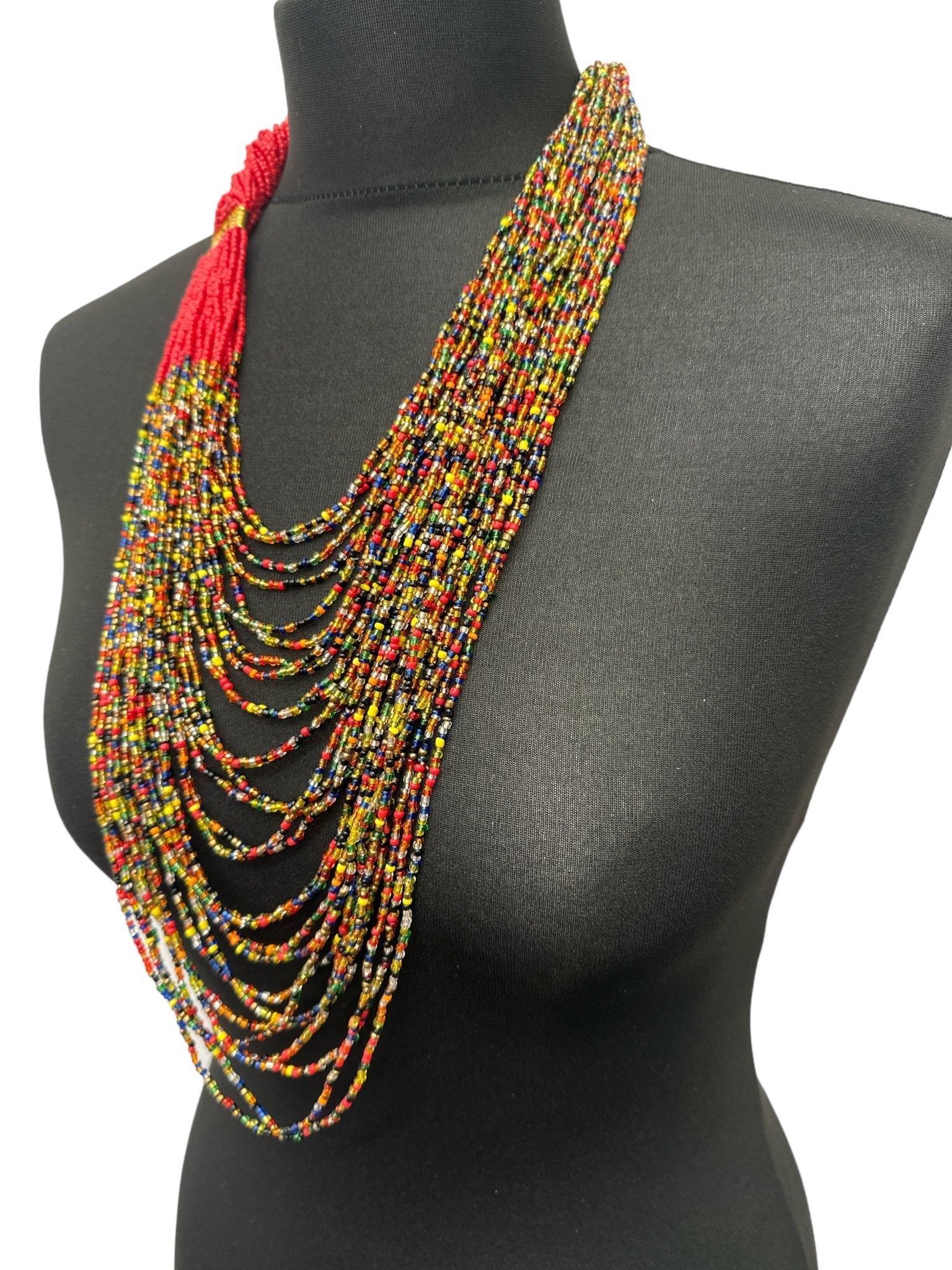 Authentic African Long Red Multi Braided Beaded Necklace - Fatisha Boutique