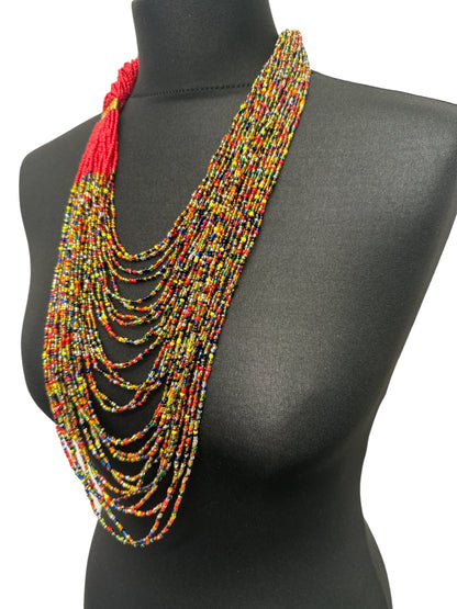 Authentic African Long Red Multi Braided Beaded Necklace - Fatisha Boutique