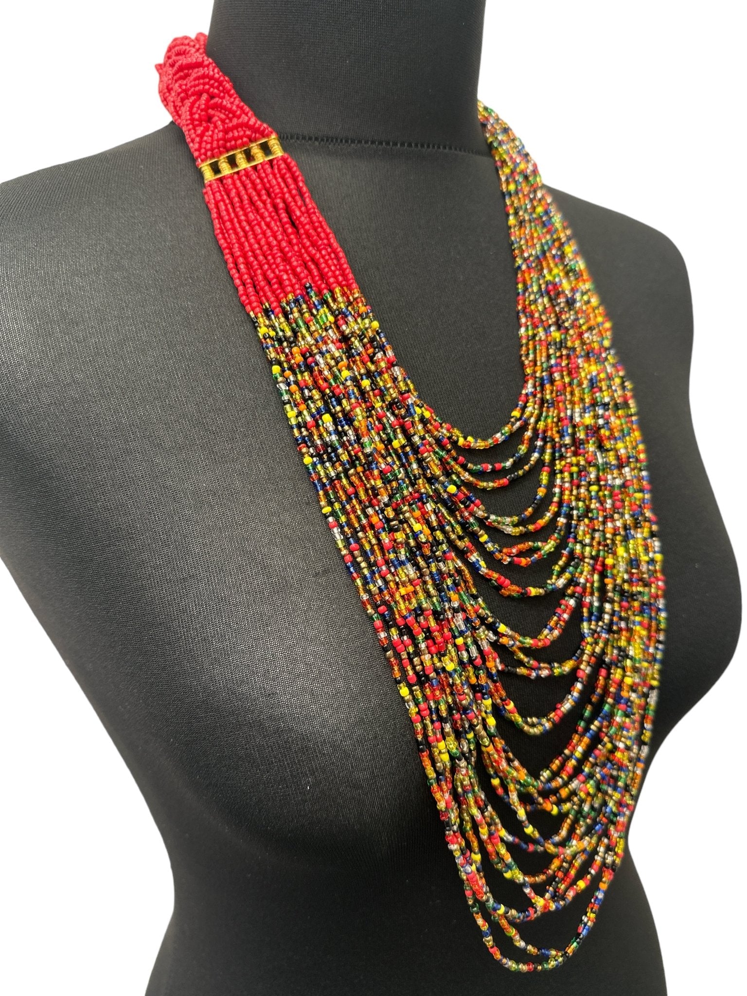 Authentic African Long Red Multi Braided Beaded Necklace - Fatisha Boutique