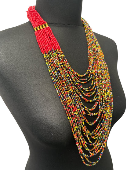 Authentic African Long Red Multi Braided Beaded Necklace - Fatisha Boutique