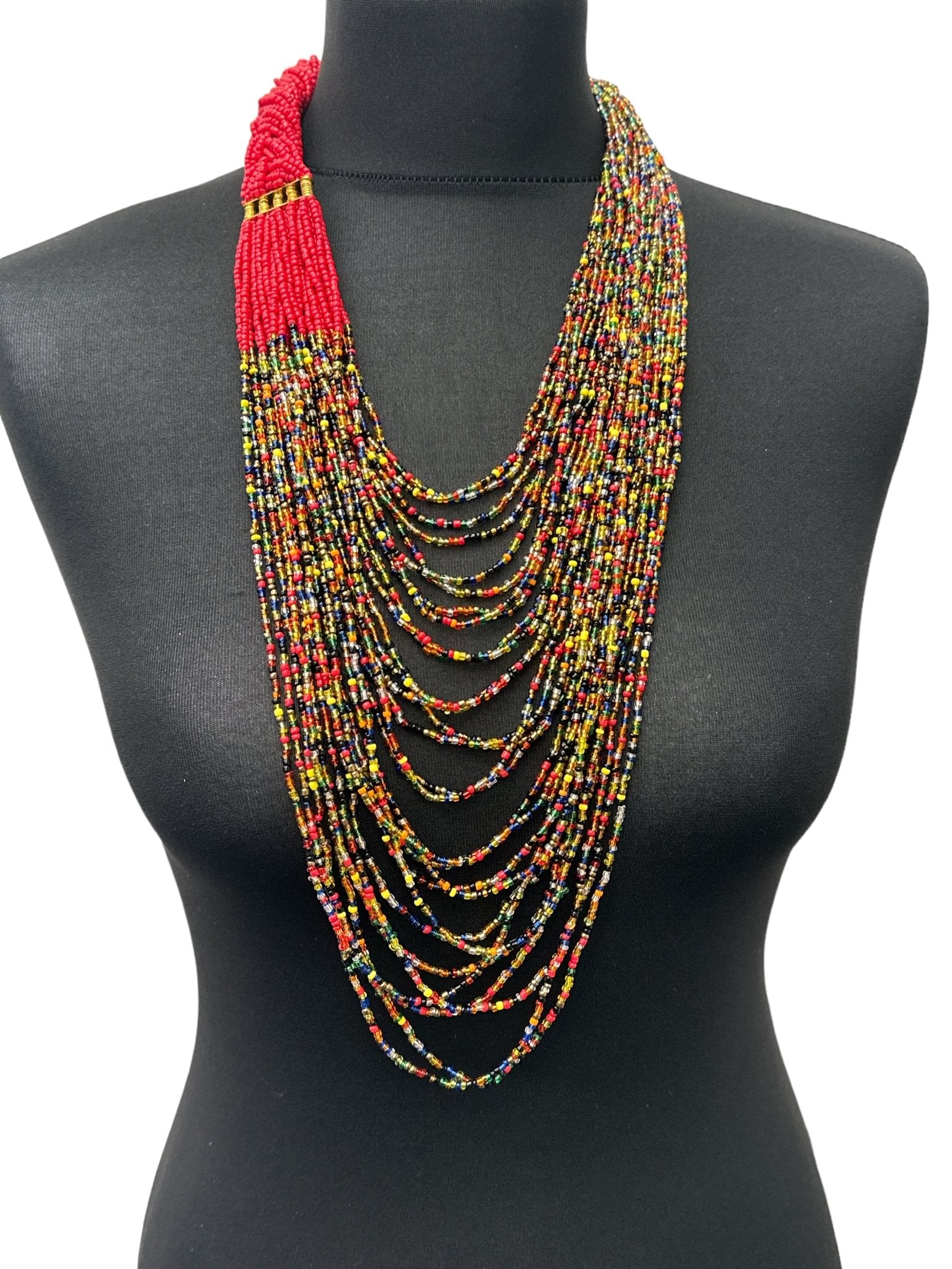 Authentic African Long Red Multi Braided Beaded Necklace - Fatisha Boutique