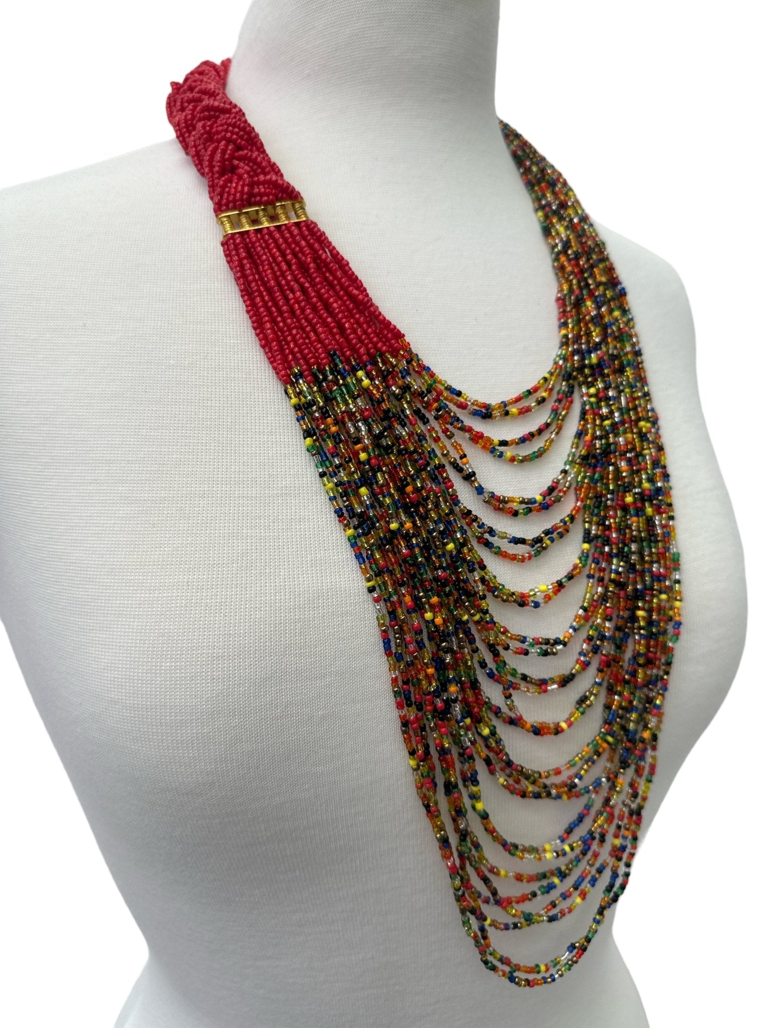 Authentic African Long Red Multi Braided Beaded Necklace - Fatisha Boutique