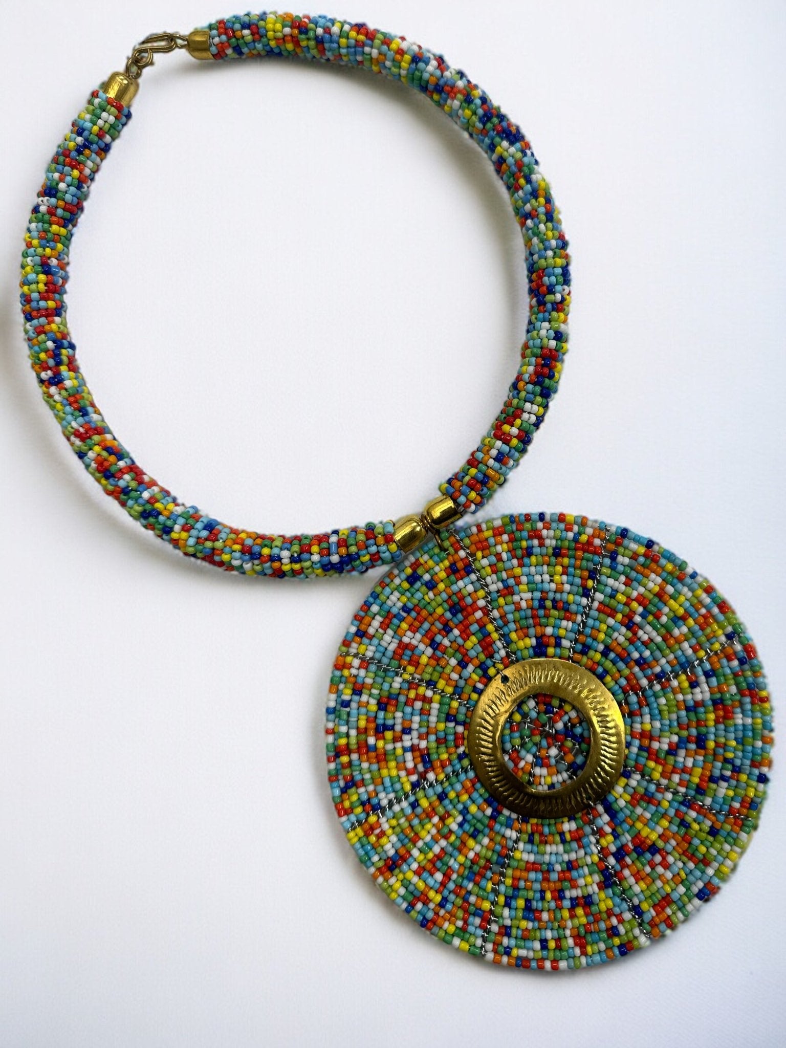 Authentic African Multicolour Beaded Large Disc Pendant Necklace - Fatisha Boutique