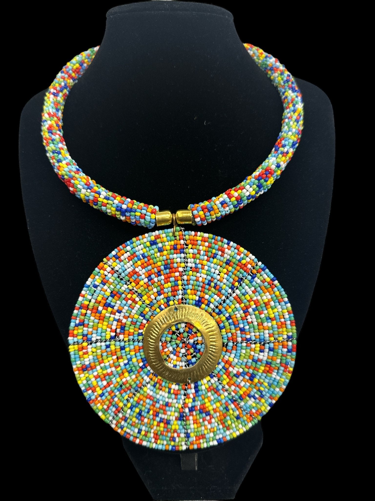 Authentic African Multicolour Beaded Large Disc Pendant Necklace - Fatisha Boutique