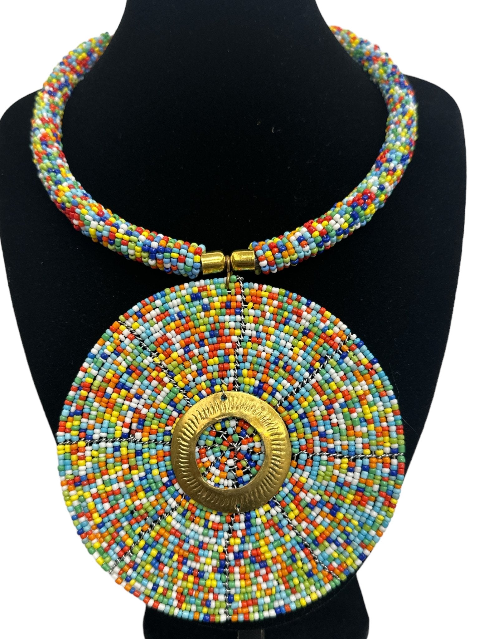 Authentic African Multicolour Beaded Large Disc Pendant Necklace - Fatisha Boutique