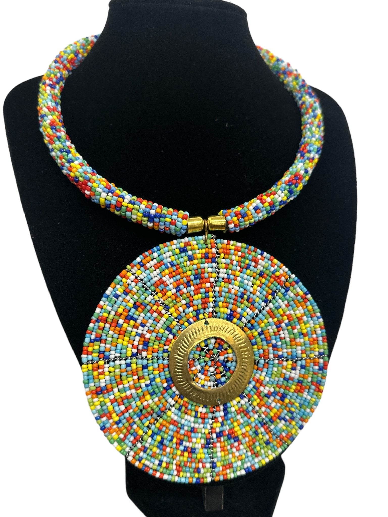 Authentic African Multicolour Beaded Large Disc Pendant Necklace - Fatisha Boutique