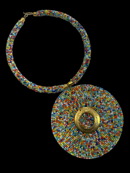 Authentic African Multicolour Beaded Large Disc Pendant Necklace - Fatisha Boutique