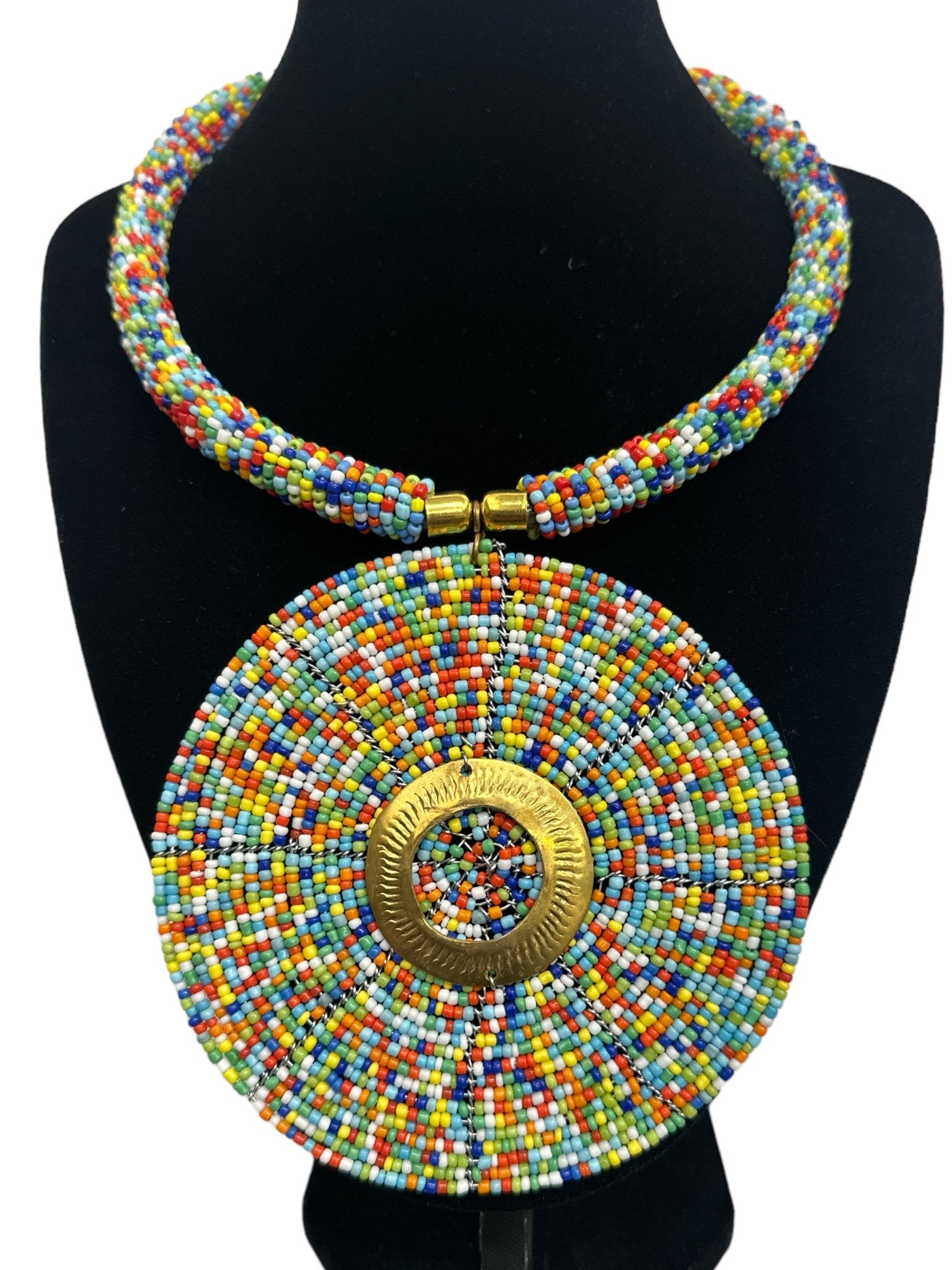 Authentic African Multicolour Beaded Large Disc Pendant Necklace - Fatisha Boutique