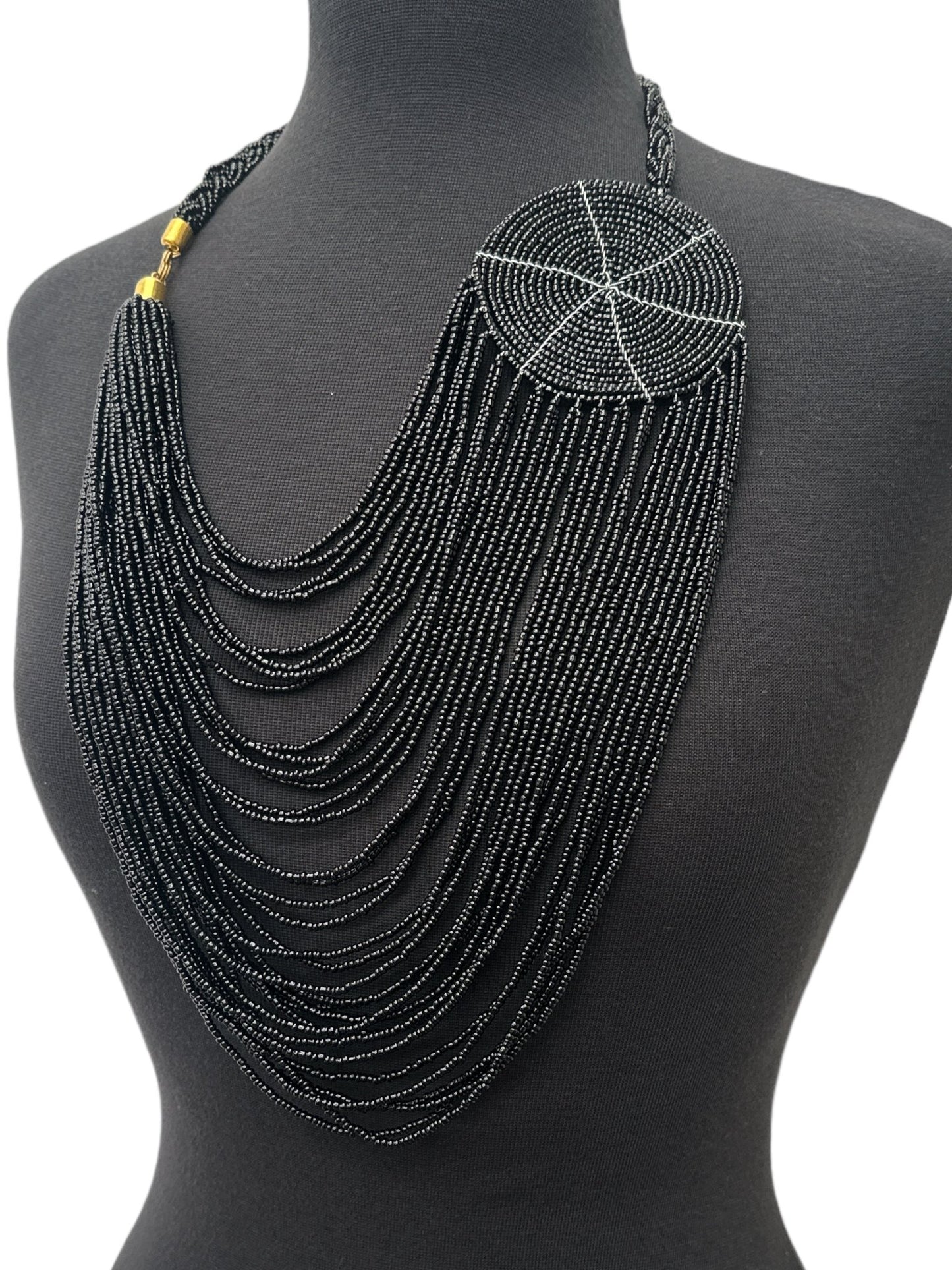 Authentic African Multilayer Black Beaded Large Disc Pendant Necklace - Fatisha Boutique