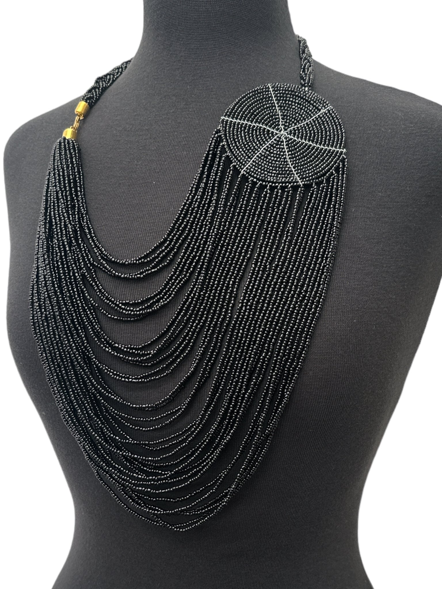 Authentic African Multilayer Black Beaded Large Disc Pendant Necklace - Fatisha Boutique