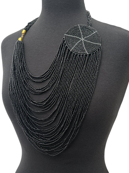 Authentic African Multilayer Black Beaded Large Disc Pendant Necklace - Fatisha Boutique