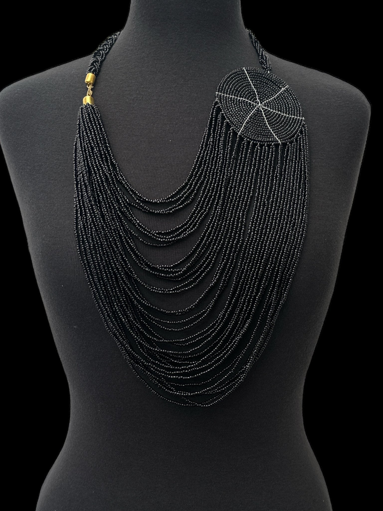 Authentic African Multilayer Black Beaded Large Disc Pendant Necklace - Fatisha Boutique