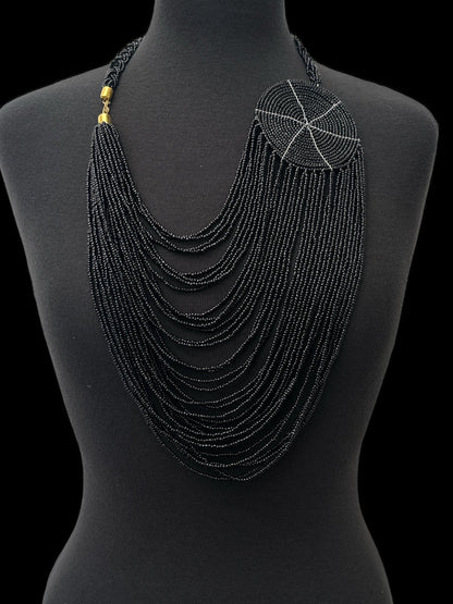 Authentic African Multilayer Black Beaded Large Disc Pendant Necklace - Fatisha Boutique
