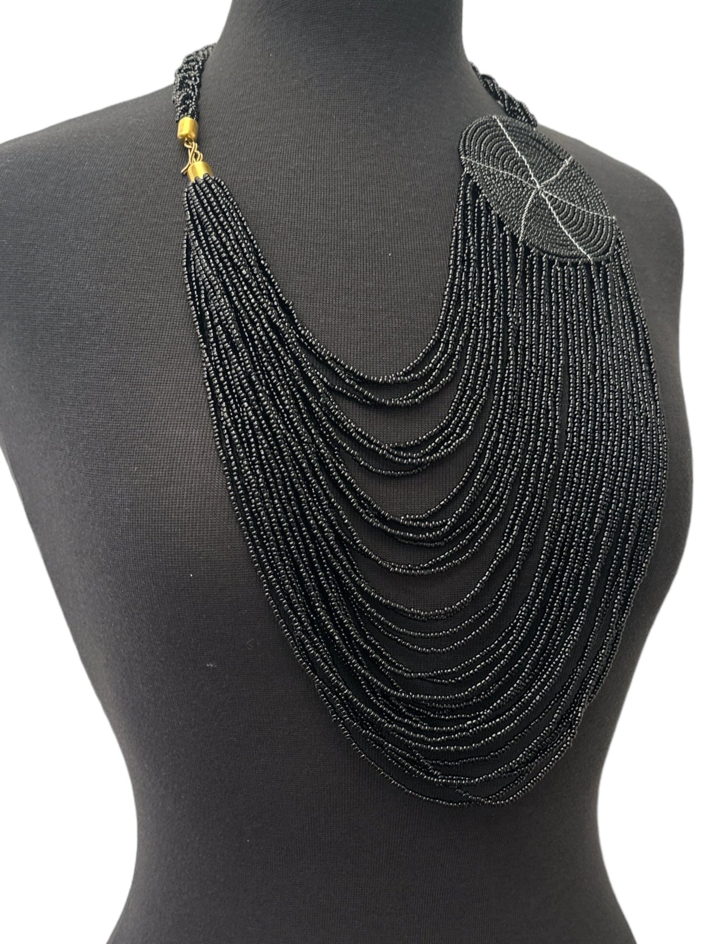 Authentic African Multilayer Black Beaded Large Disc Pendant Necklace - Fatisha Boutique