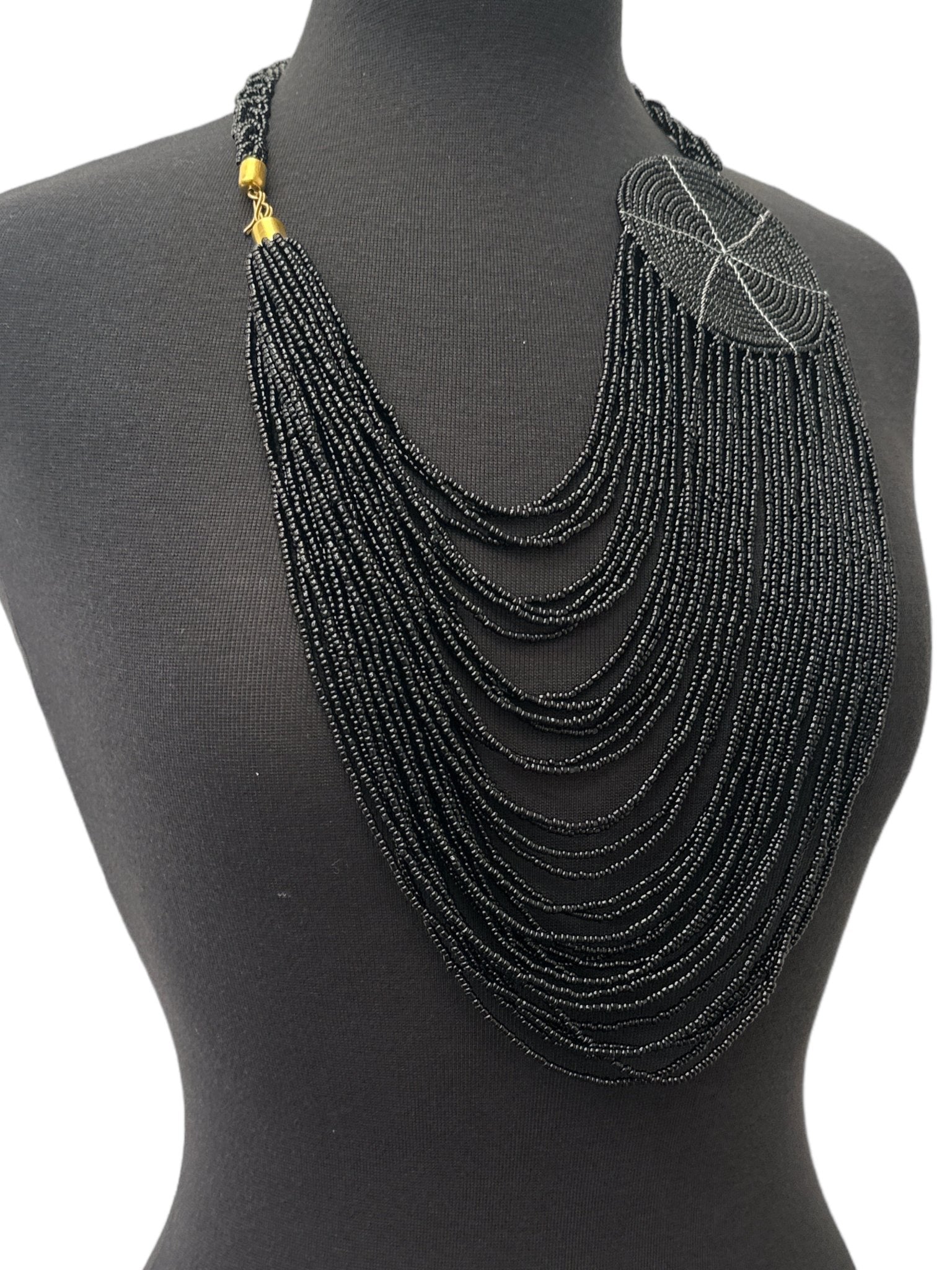 Authentic African Multilayer Black Beaded Large Disc Pendant Necklace - Fatisha Boutique