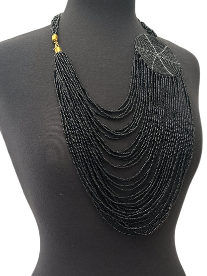 Authentic African Multilayer Black Beaded Large Disc Pendant Necklace - Fatisha Boutique