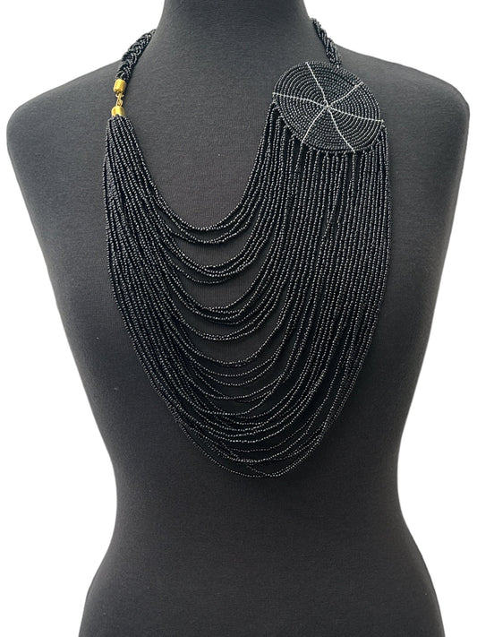 Authentic African Multilayer Black Beaded Large Disc Pendant Necklace - Fatisha Boutique