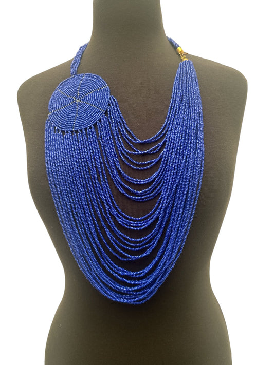Authentic African Multilayer Blue Beaded Large Disc Pendant Necklace - Fatisha Boutique
